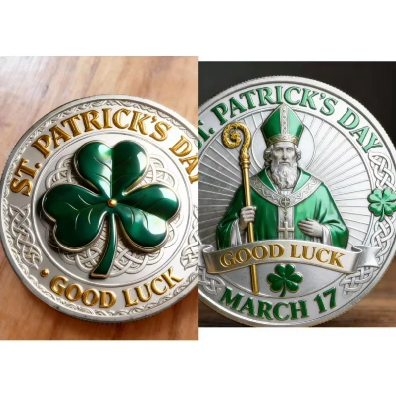 St Patrick's Day Lucky Coin - Double-Sided Enamel Plated Shamrock Collectible, Irish Luck Amulet, March 17 Festival Gift