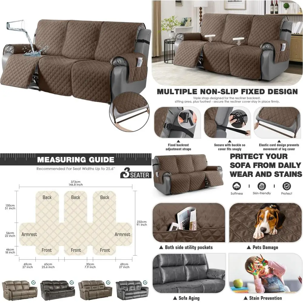 

100% Waterproof Recliner Sofa Cover with Leg Straps, Washable 3-Seater Couch Protector for Kids and Pets (Brown)