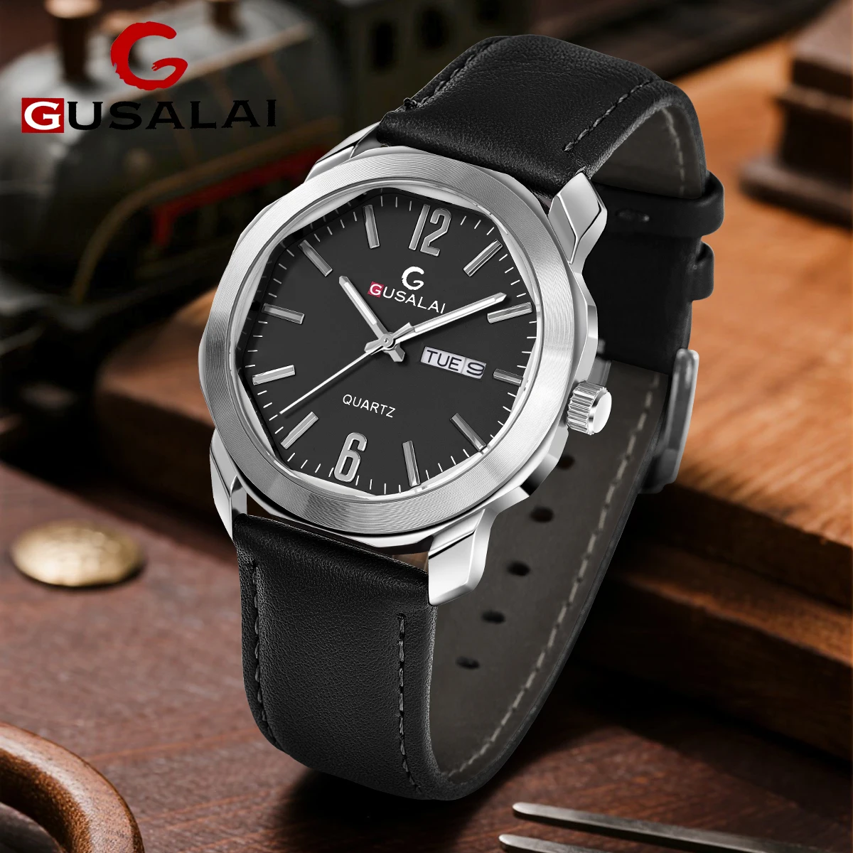 GUSALAI Fashion Men's Quartz Watch Polygonal Leather Strap Alloy Case Dial Watch - High-end Design Men's Gift
