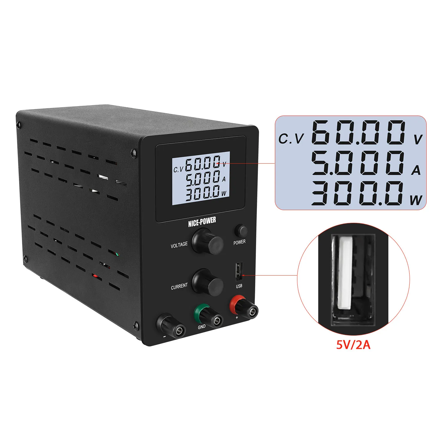 

Nice Power R-SPS605D 60V 5A Variable LED Digital Regulated Switching Lab DC Power Supply Adjustable 5V 2A USB Interface