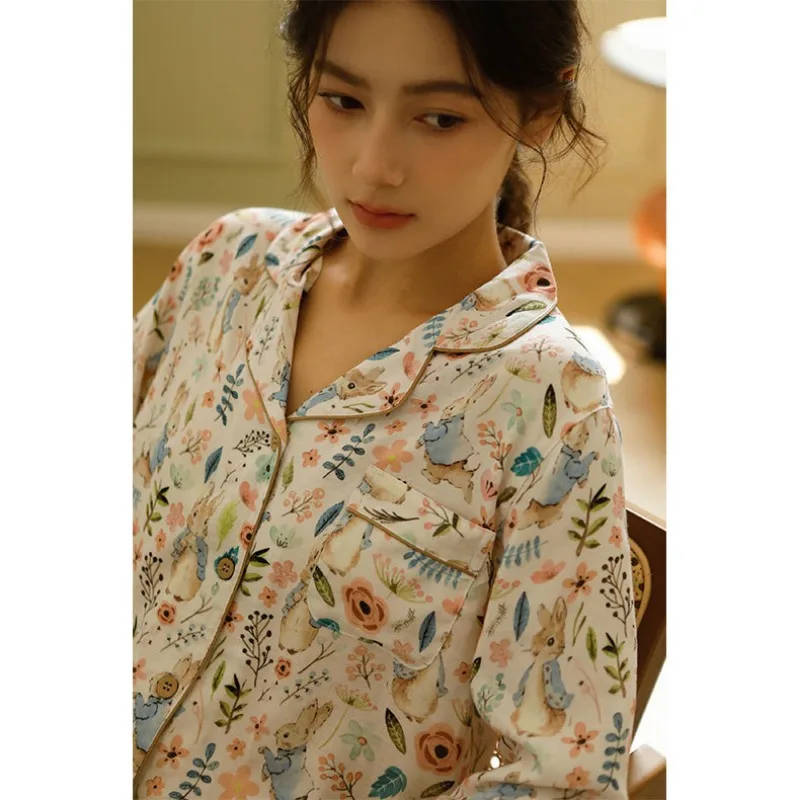 2023 Autumn Bamboo Cotton Double Gauze Magic Rabbit Print Pajamas Women\'s Home Wear Long-sleeved Trousers Set Comfort Sleepwear