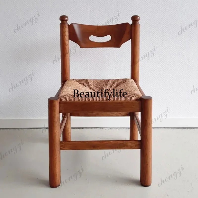 Medieval log solid wood dining chair Small apartment signer woven rattan chair B & B leisure chair