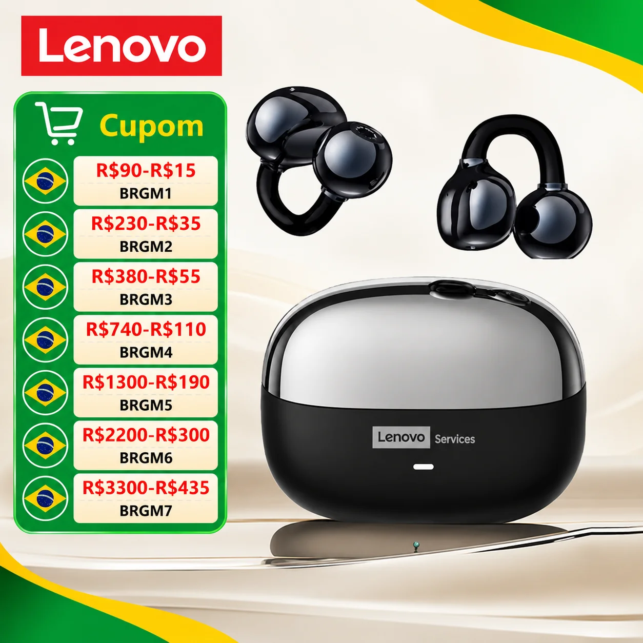 Fones de Ouvido Sem Fio Lenovo LE302 OWS com Clip para Ouvido, Bluetooth 6.0, Chamadas em HD, Baixa Latência para Jogos, Novos