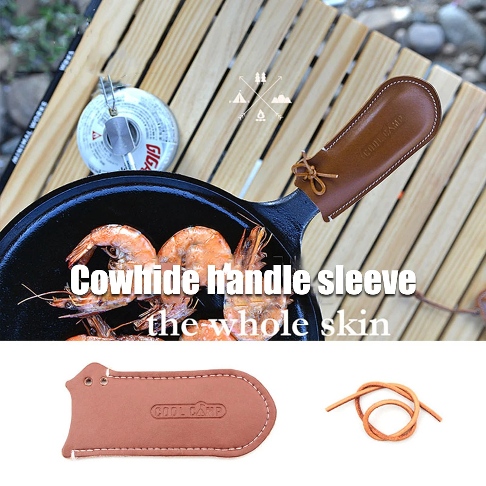 

Cast Iron Frying Pan Handle Cover Practical Pot Hot Handle Cover Removable Cowhide Heat-resistant Outdoor Camping Cooking Tool