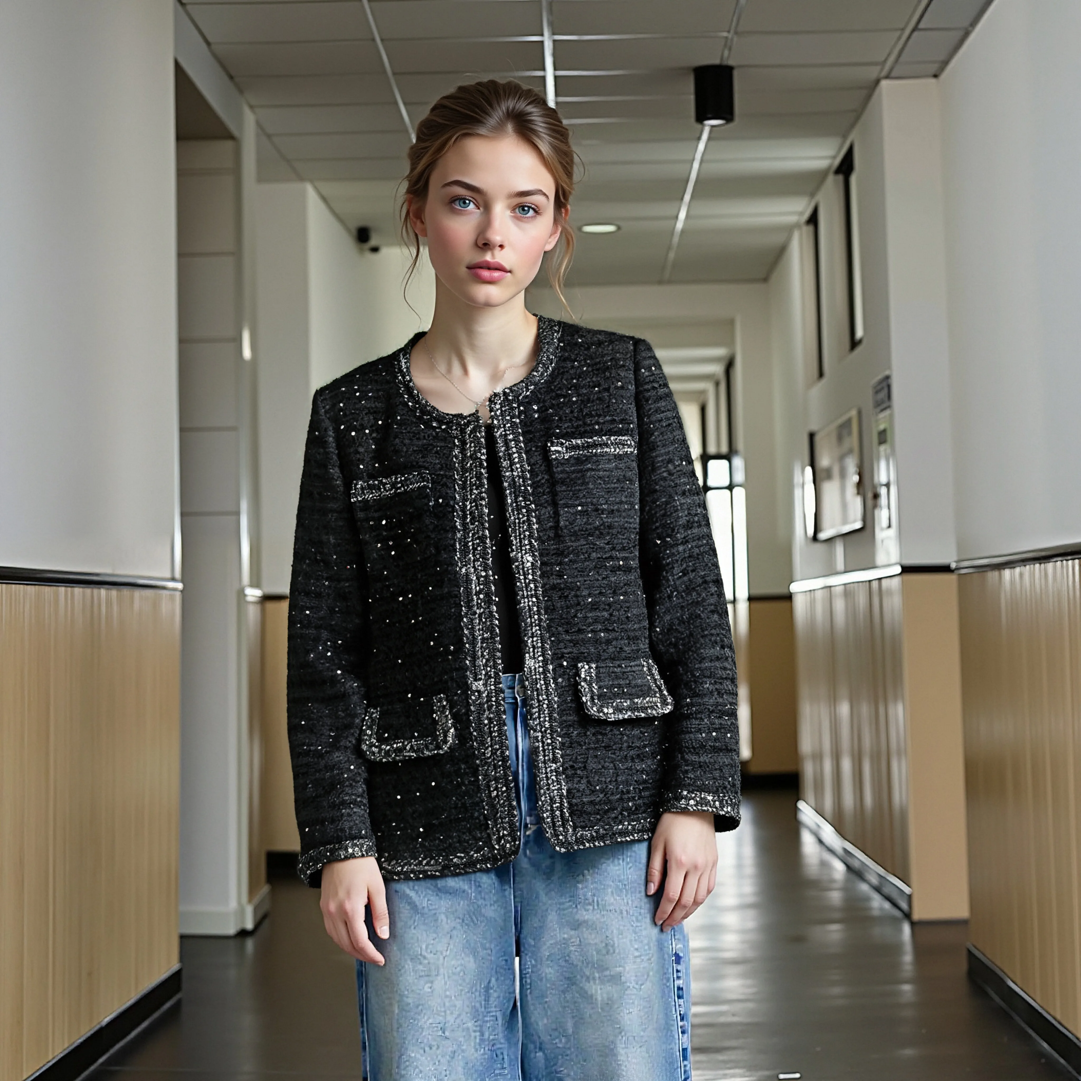 

Элегантный черный грубый твидовый жакет для взрослых с застежкой на липучке средней длины, утягивающий ароматный стиль для женщин