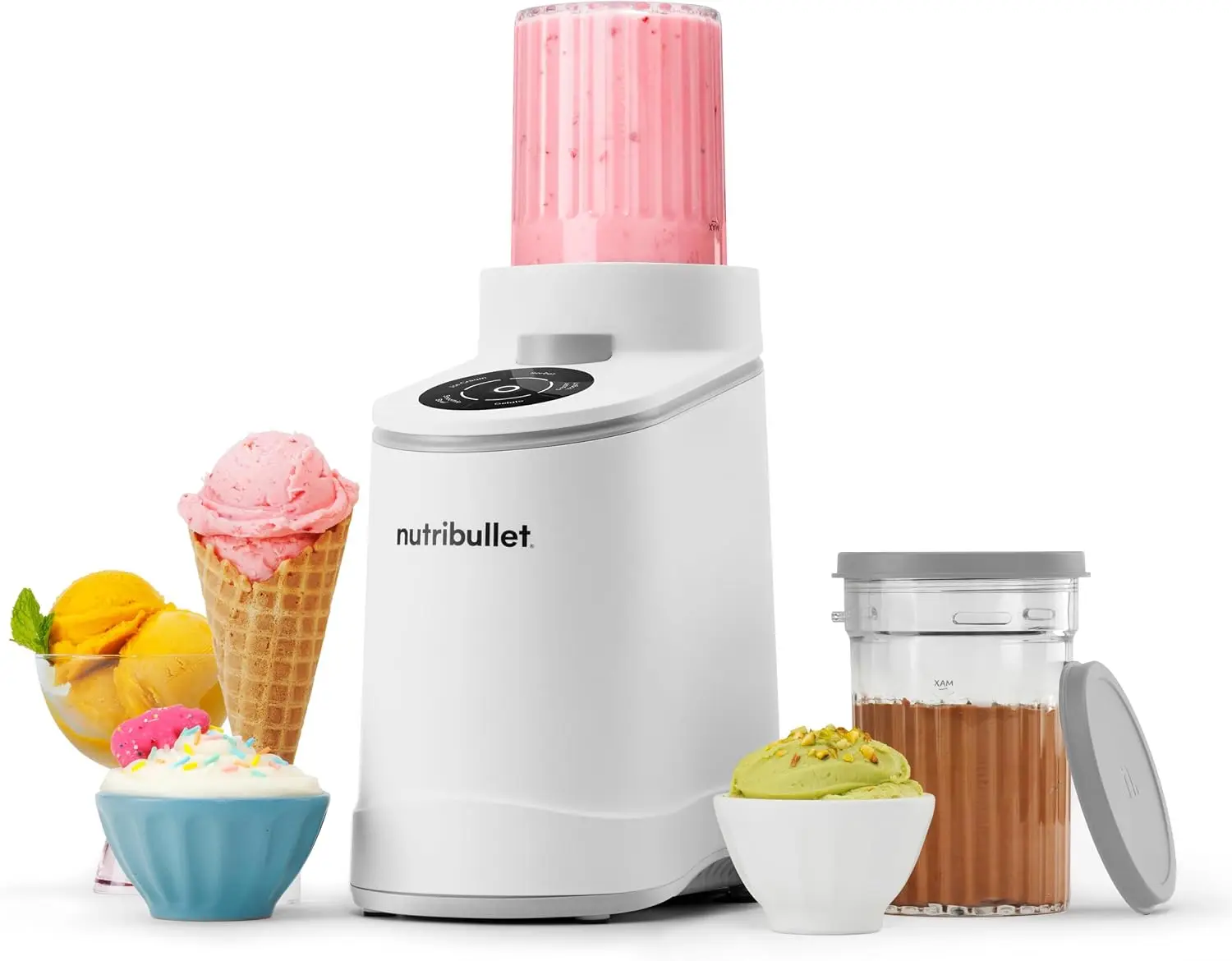Chill Ice Cream Maker Gelato Sorbet Frozen Yogurt Smoothie Bowls Compact Size Two Dishwasher Safe 16 Oz Pint Cups Lids White NBD