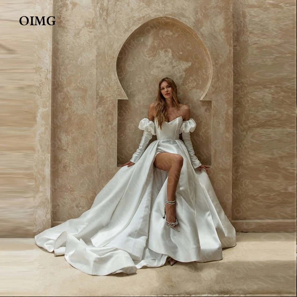 

OIMG Elegant Satin Long Sleeves Beach Wedding Dresses Side Slit A Line Bridal Bride Gowns Simple Formal Evening Party Dress