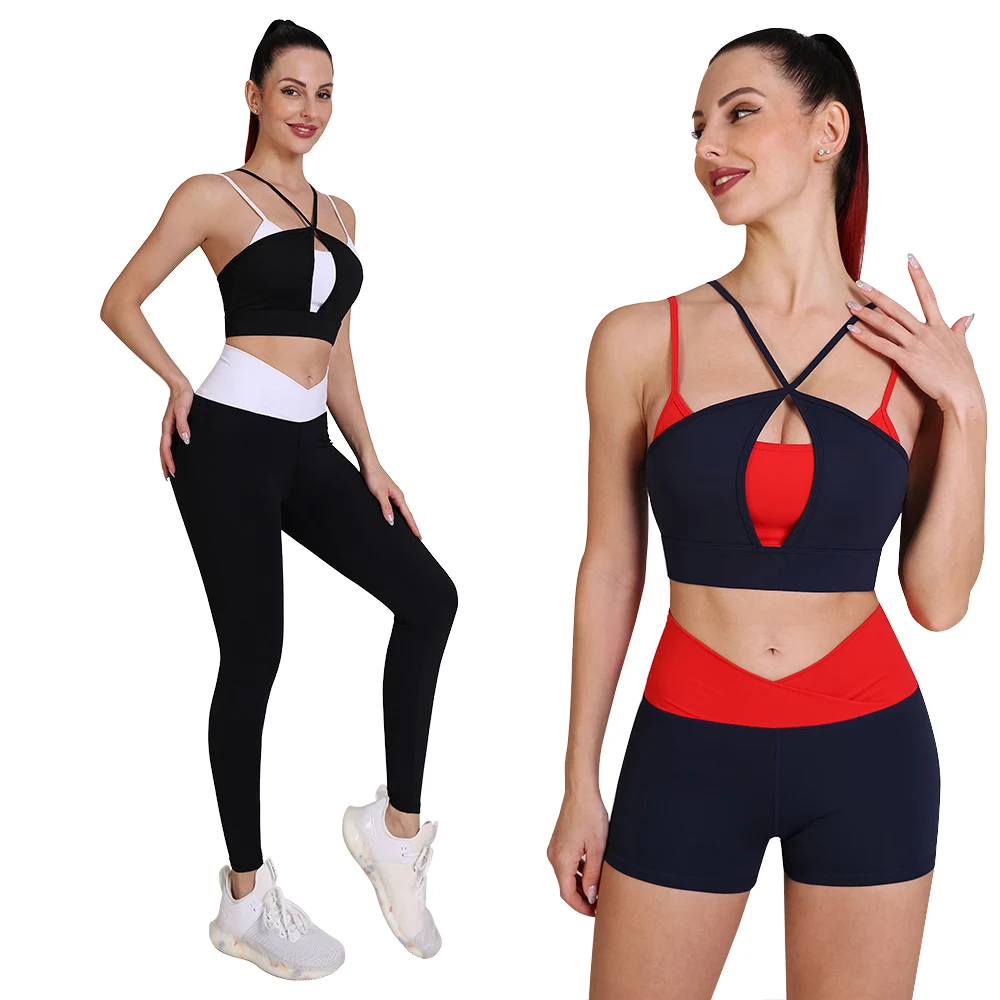 Women Sport Suits Color Blocking Beauty Strappy Bra Shorts Leggings Yoga Set Fitness Tracksuits Sportwear