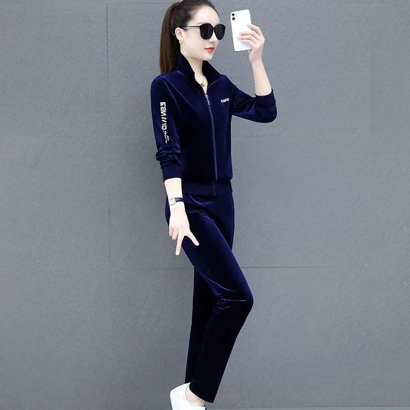 Gold Velvet Sports Suit Women's Spring Autumn New 2025 High-End Collar Medium Loose Chic Casual Sportswear Two-Piece Set