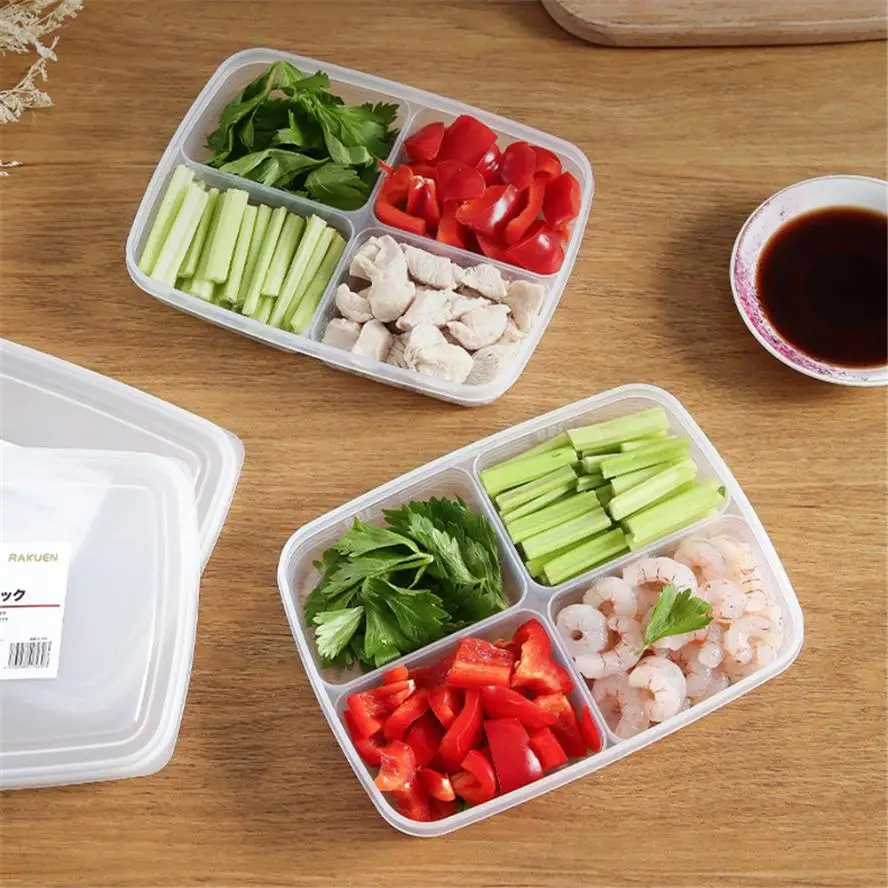 4 Grids Food Preparation Storage Box Compartment Refrigerator Freezer Organizers Sub-Packed Meat Onion Ginger Dishes Crisper