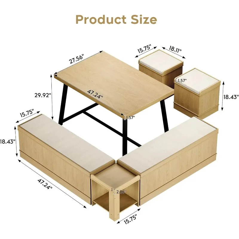 Corner Dining Table Set with Storage Stool and Storage Bench,47 Inch Breakfast Nook with Banquette Seating,6 Pieces Dining