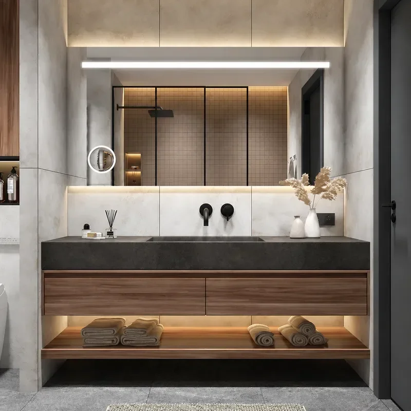 Modern Simple Double Basin Rock Slab Seamless Ceramic Integrated Sink Bathroom Vanity Cabinet with Toilet and Hand Wash Basin