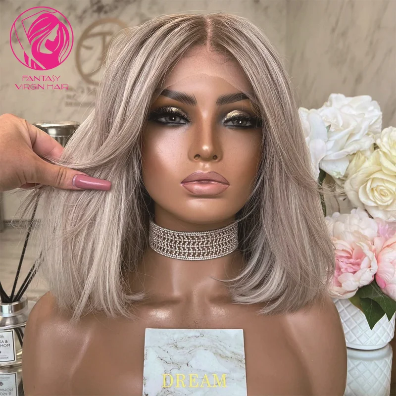 

Ombre Grey Blonde Lace Frontal Wigs 13x4 Real Human Hair Wig for Women Short bob Cheap Glueless Bleached Knots Women Lace Wig