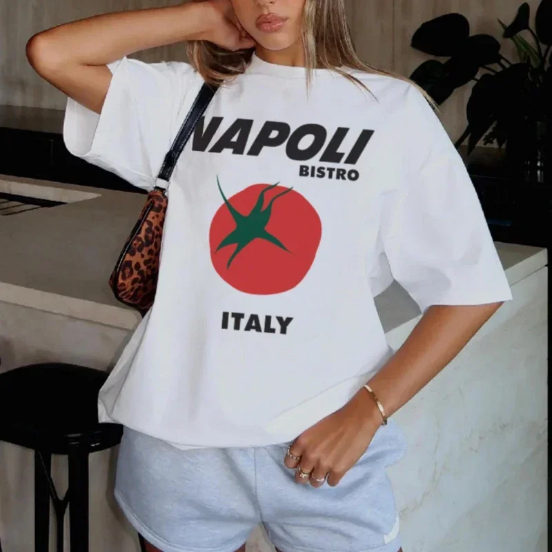 Napoli Tomato Graphic Tees Cute Fruit Retro Streetwear T-Shirt Women Loose Short Sleeve Italy Shirt Female Grunge Aesthetic Tops