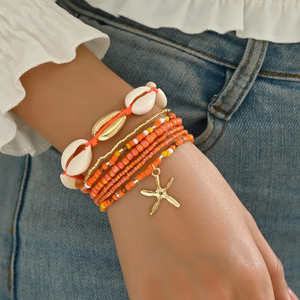 7Pcs/Set Bohemian Shell Beaded Woven Bracelet Starfish Rice Beads Women Bracelet Set Beach Party Seaside Holiday Leisure Jewelry