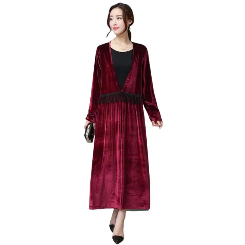 Fashion Fall Winter Women elegant velour Cardigan Buttons Long Jacket Casual Solid Color Velvet Office Lady Soft Coats dress
