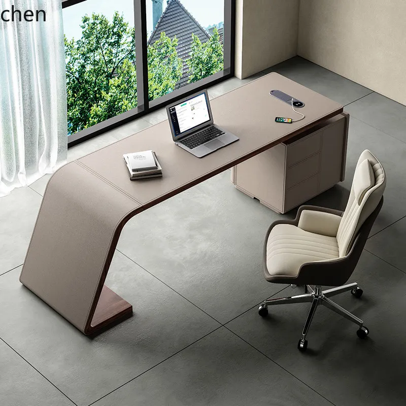 

HYS Saddle Leather Desk High-End Computer Desk Modern Minimalist Solid Wood Office Desk