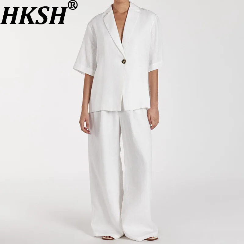 HKSH 2026 Spring Summer New Women Two-piece Set Turn-Down Collar Short Sleeves Single Button Top Solid Color Pants Trend HK18064