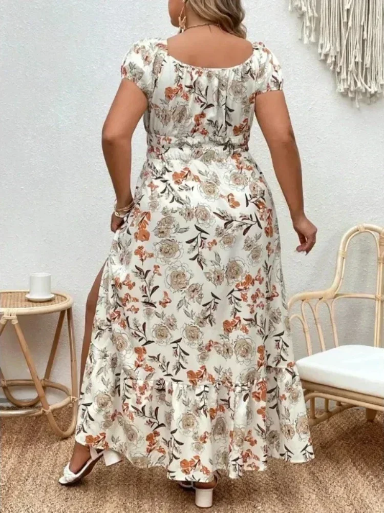 Plus Size Women 1XL-5XL Odpowiedni na zewnątrz Kwiatowa długa sukienka imprezowa Moda damska Luźna letnia sukienka z nadrukiem