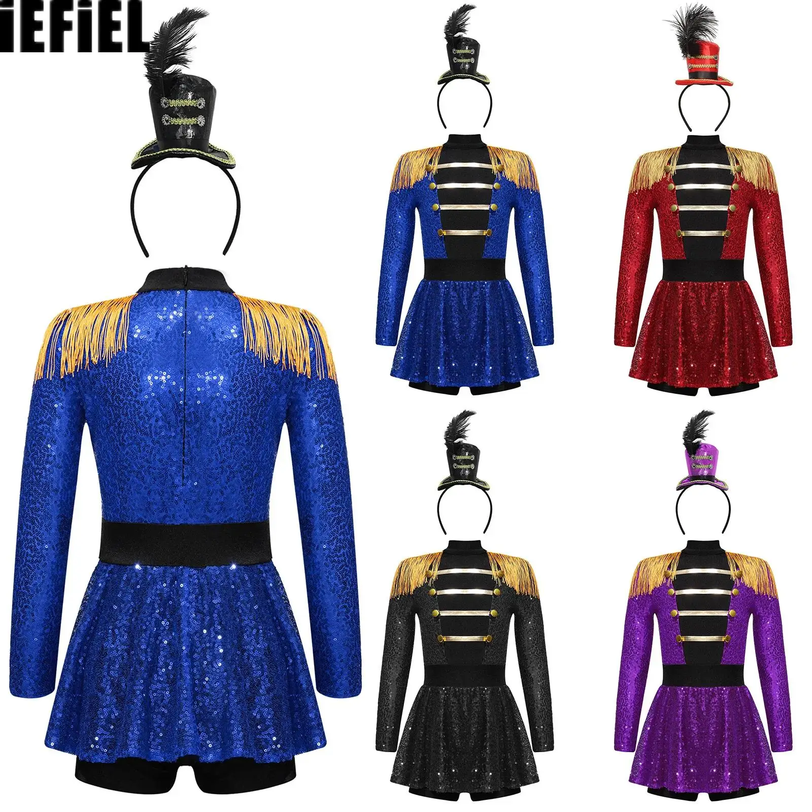 

Kids Girls Sequins Cosplay Jumpsuit Tassel Epaulet Ringmaster Circus Costume Set with Top Hat Headwear for Festival