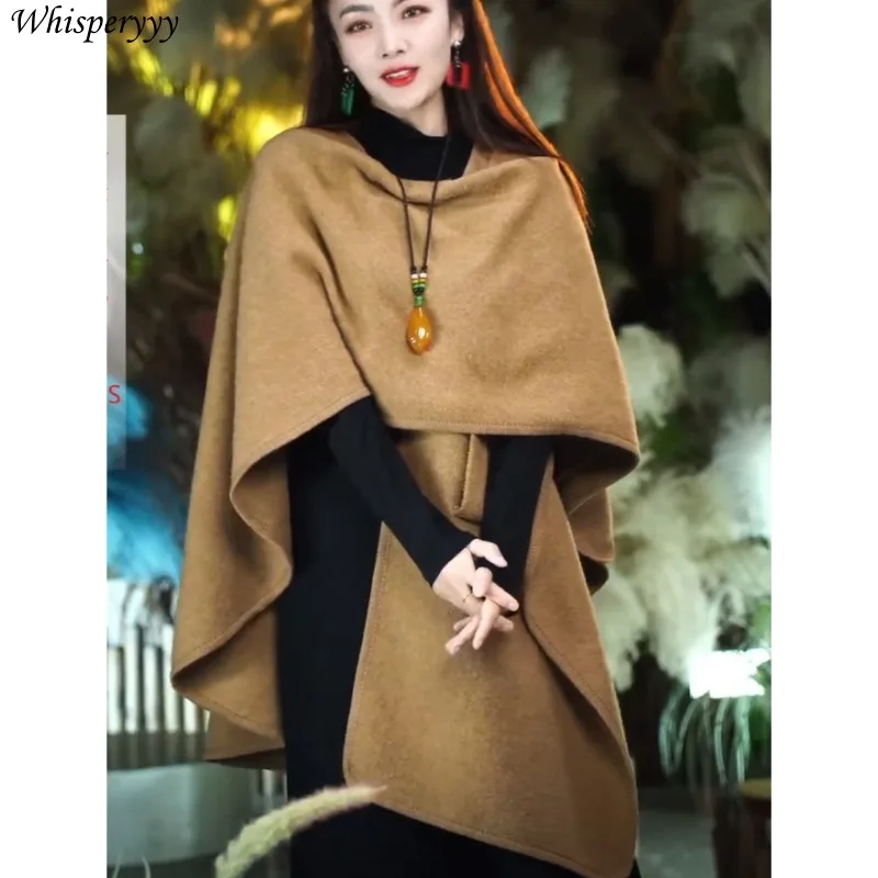 Poncho Women Spring  Autumn Fashion European American Style Shawl Female Outside with Warm Medium Long Loose Loak Coat