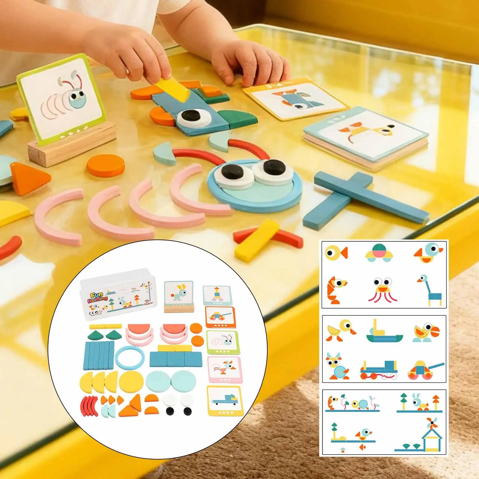 Wooden Pattern Blocks,Tangram Shape Puzzle Set Learning Toy Color Sorting Stacking Game for Birthday