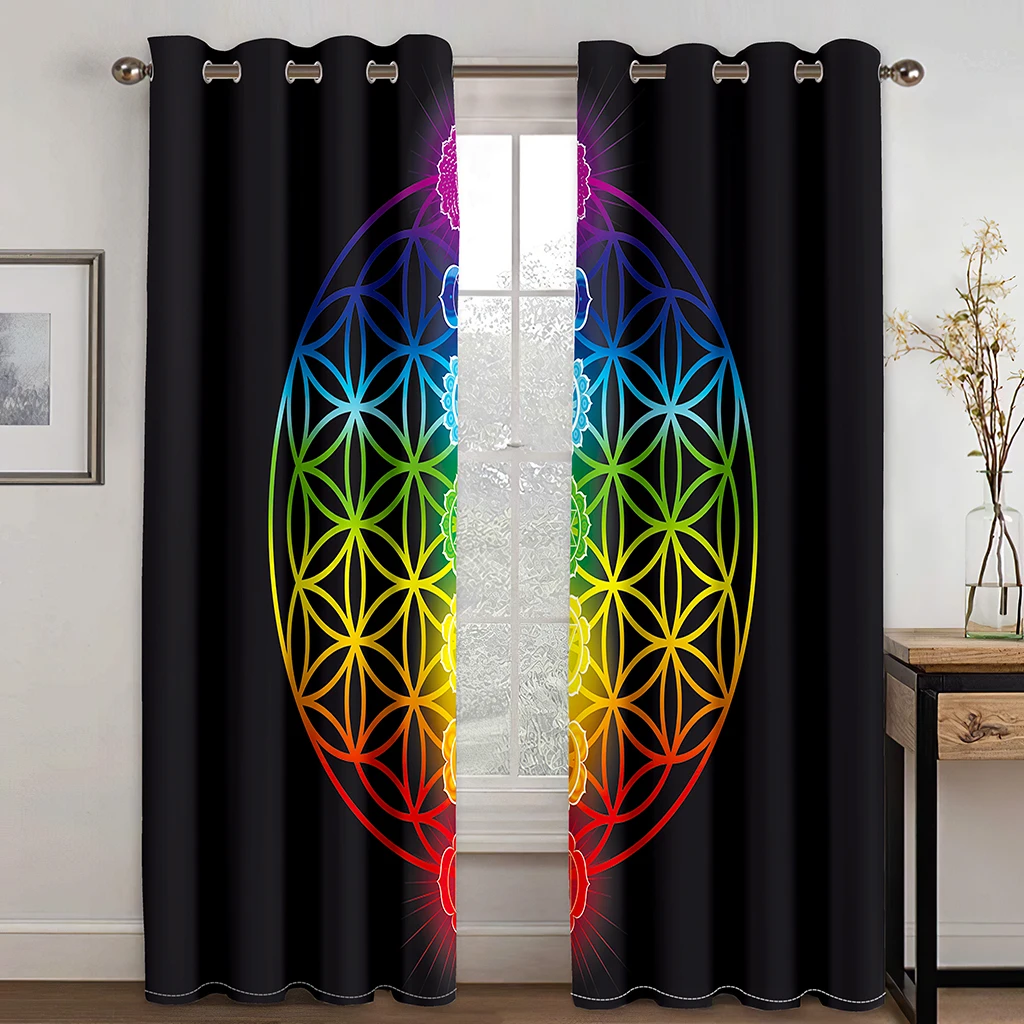 3D Print Bohemian Psychedelic Alien Style 2 Panel Thin Semi-Shading Polyester Window Curtain for Bedroom Living Room Decor Hooks