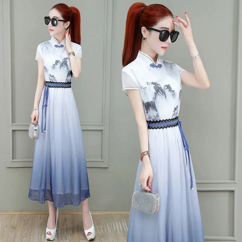 

Dress Women 2023 New Chinese Style Improved Hanfu Summer Dresses Female Temperament Elegant Short Sleeve Large Size Long Skirt