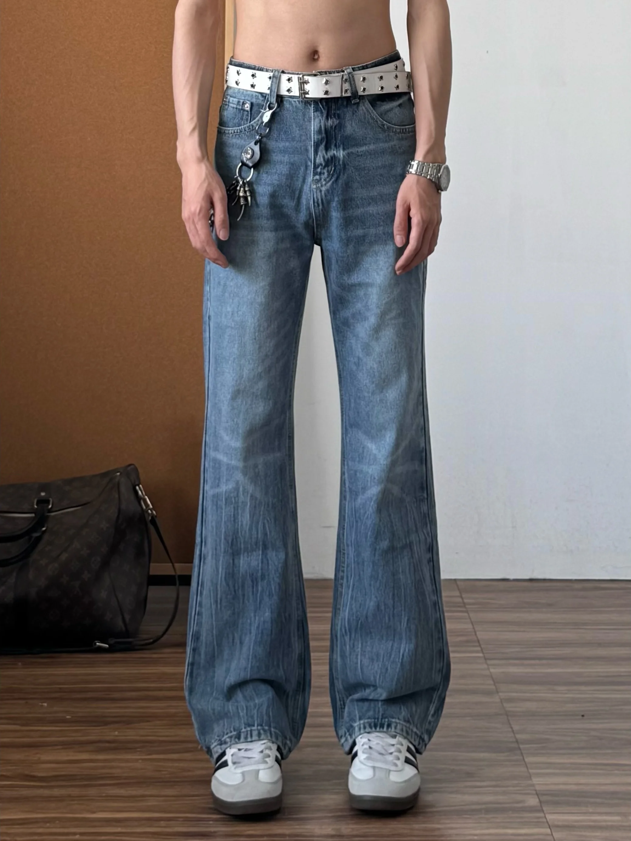 

Cleanfit American High Street Summer New Wa Light Blue Lightning Pattern Men's Straight Leg Jeans Slimming Loose Fit Jeans