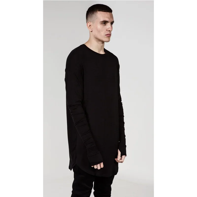 Men Longline Thumb Hole Long Sleeve T Shirt Basic Hipster Top Tee Male Oversize Hip Hop Clothes Solid Streetwear Tops Tee Cloth
