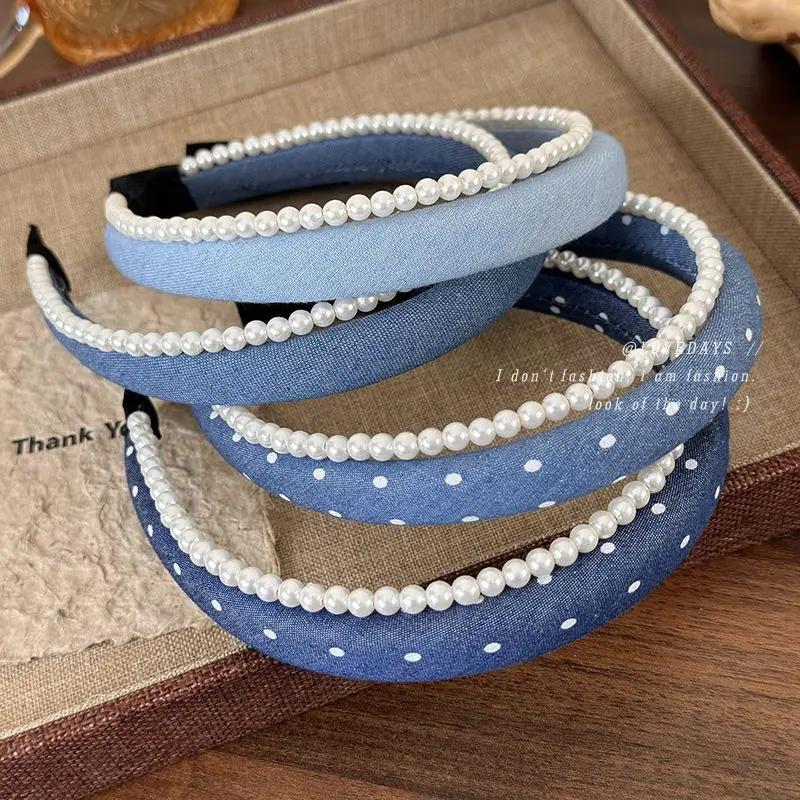 Vintage Denim Pearl Hair Bands Exquisite Bilayer Simple Design Headband Bowknot Denim Blue Hair Clips Hair Accessories for Women