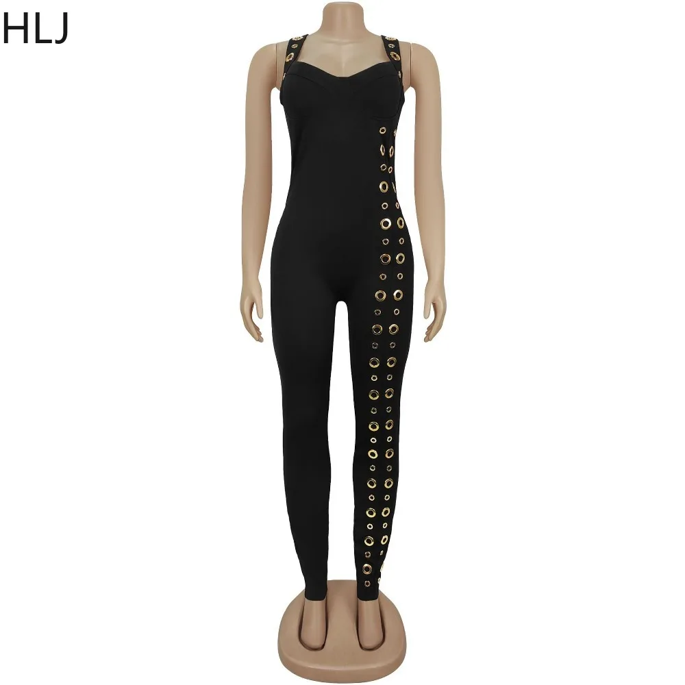 HLJ Sexy Hole Patchwork Bodycon Jumpsuit Women Spaghetti Strap Sleeveless Backless One Piece Rompers Female Streetwear Overalls