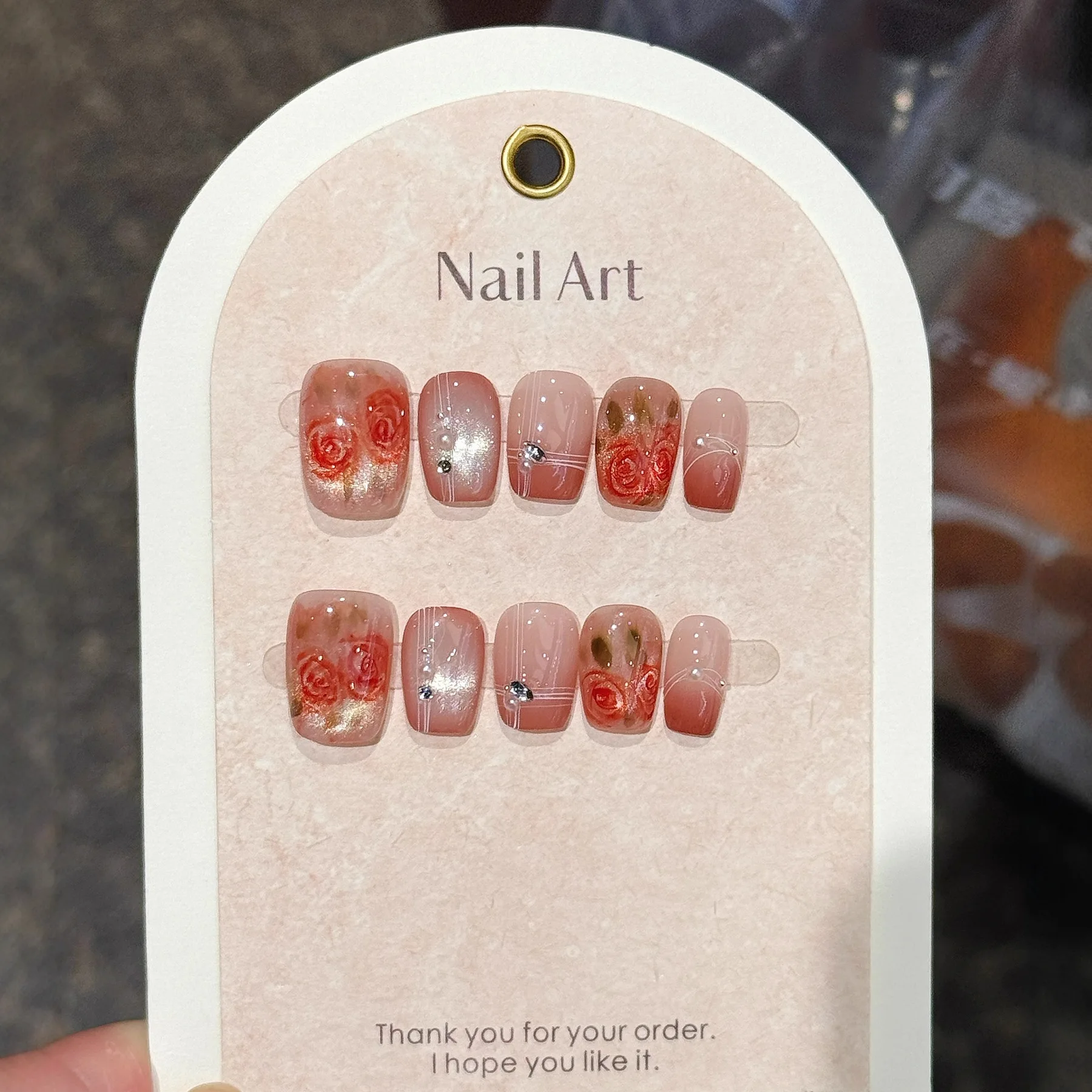 10개입 핸드 드로잉 장미 고양이 눈 반짝이 디자인 네일 스티커 부드러운 요정 짧은 사각형 인조 손톱 재사용 가능한 프렌치 마감 매니큐어