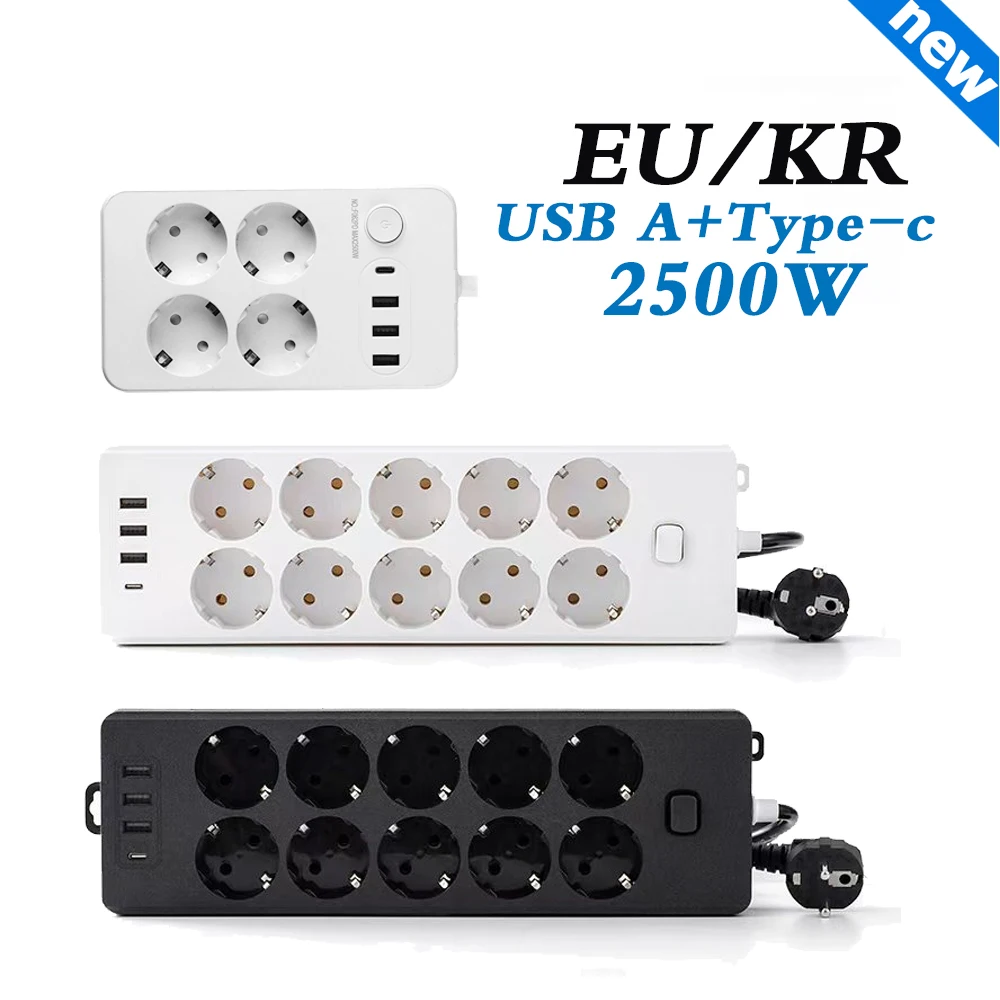 EU KR Power Extension Electrical Socket with USB Type-c 2000W AC 110V 220V Tableoffice White Black 200cm Cable Table Sockets