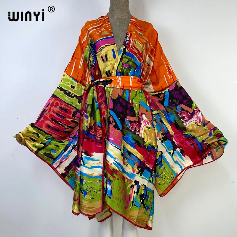 Winyi Bikini Cover-Ups Fashion Printing Zelf Belted Vrouwen Zomer Kleding Kimono Vakantie Jurk Strand Wear Swim Suit Cover up