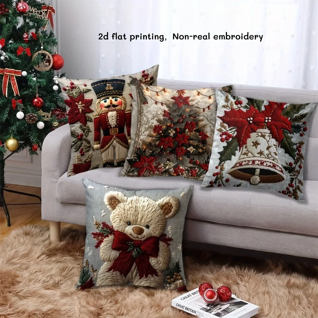 Christmas pillowcase: Nutcracker, Christmas tree, bell and bear pattern New Year home decoration 2d flat printing