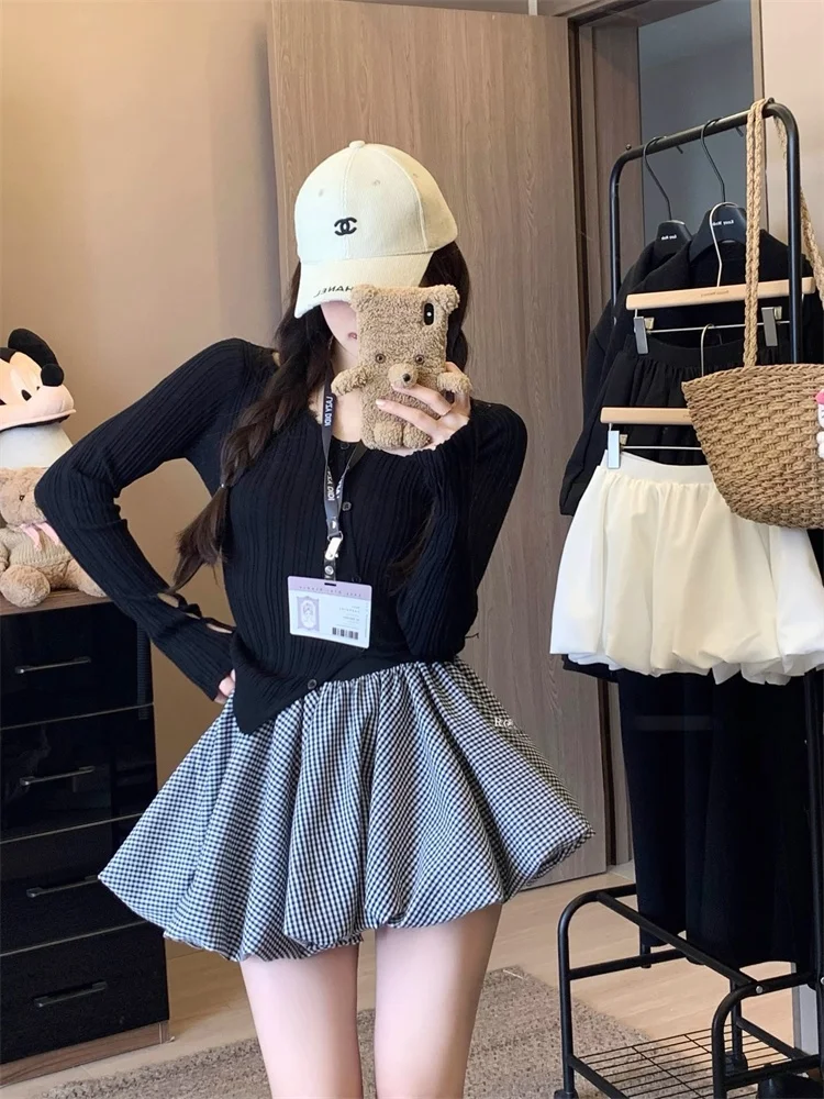 

Женская летняя пышная юбка-шорты с высокой талией в клетку, корейская модель, А-силуэт, с защитой от просвечивания, для повседневной носки