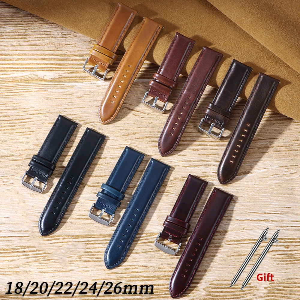 Bracelet de montre en cuir rétro 20mm 22mm 18mm 24mm 26mm pour Bracelet de montre intelligente Seiko Bracelet universel Bracelet en peau de vache à dégagement rapide