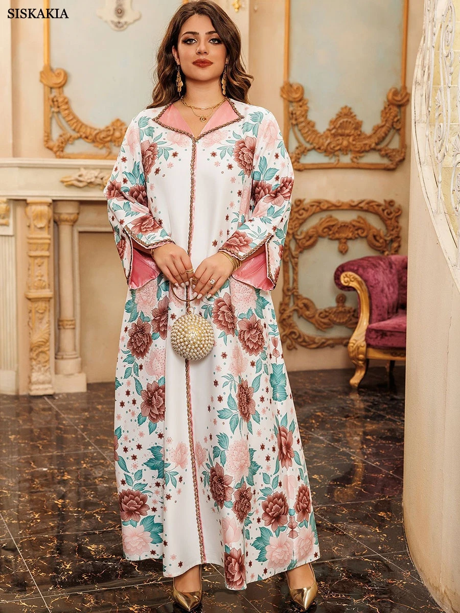 Siskakia Floral Print Diamonds Abayas Lapel Collar Kaftan For Saudi Woman Elegant Casual Loose Muslism Moroccan Kebaya Fashion