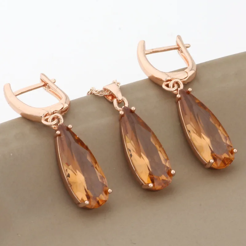 Luxury Quality 585 Rose Gold Color Jewelry Sets Drop Earrings And Pendants Jewelry Sets Cubic Zircon Gifts For New