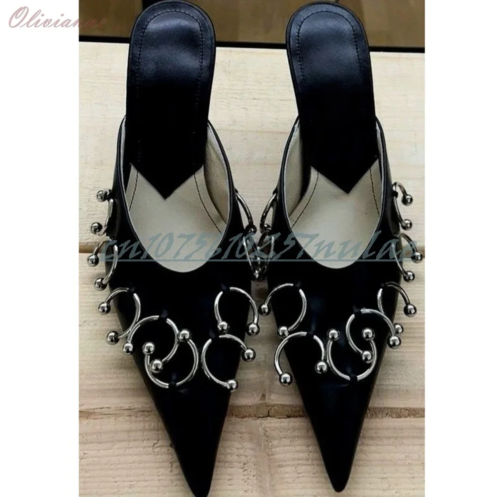 

Pointy Black Sexy Metal Round Rings Decor Slippers Matte Leather Creative Design Stiletto High Heel Women Shoes 2025 Para Mujere