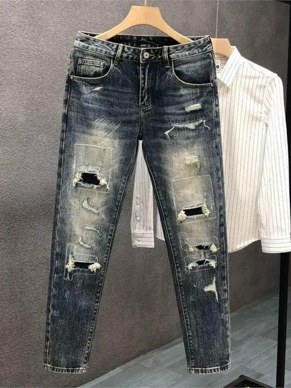 

Мужские джинсы Cool Sle: высококачественные, рваные, зауженные, прямого кроя, в корейском стиле, молодежные, укороченные (9/10), повседневные, класса люкс