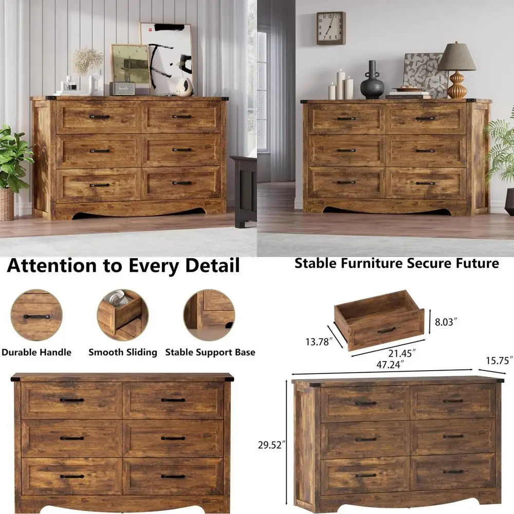 

Современный деревянный комод для спальни шириной 47 дюймов с 6 ящиками, естественной текстурой, подставкой для телевизора и хранилищем, металлическими кронштейнами