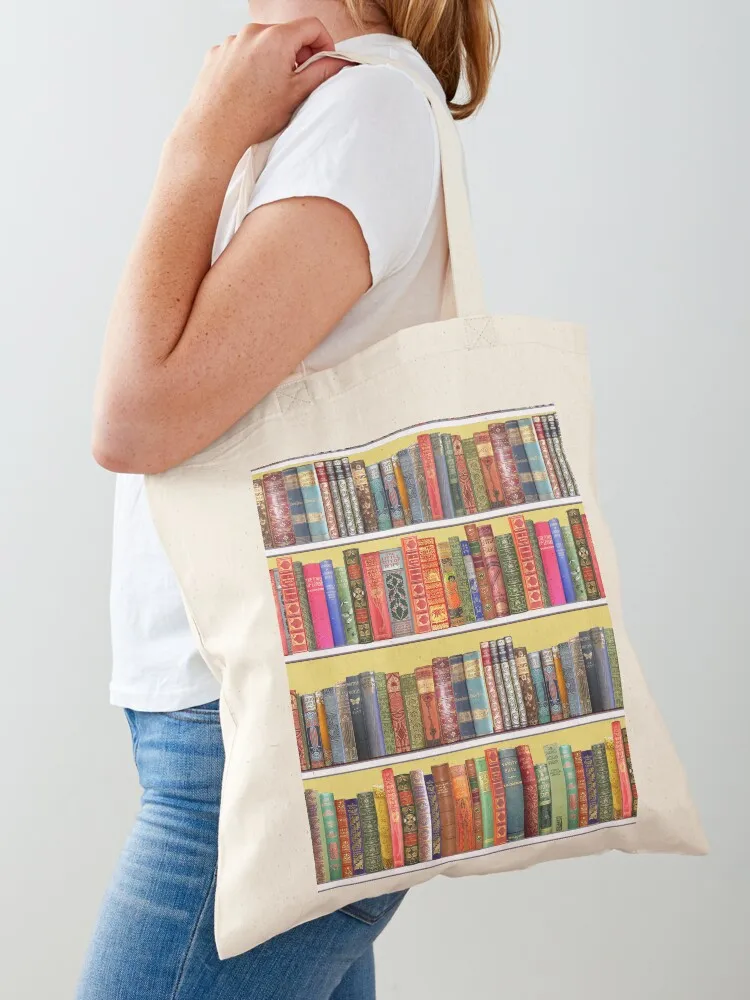 Christmas books, christmas library, Vintage Bookshelf on yellow Tote Bag handbag custom bags