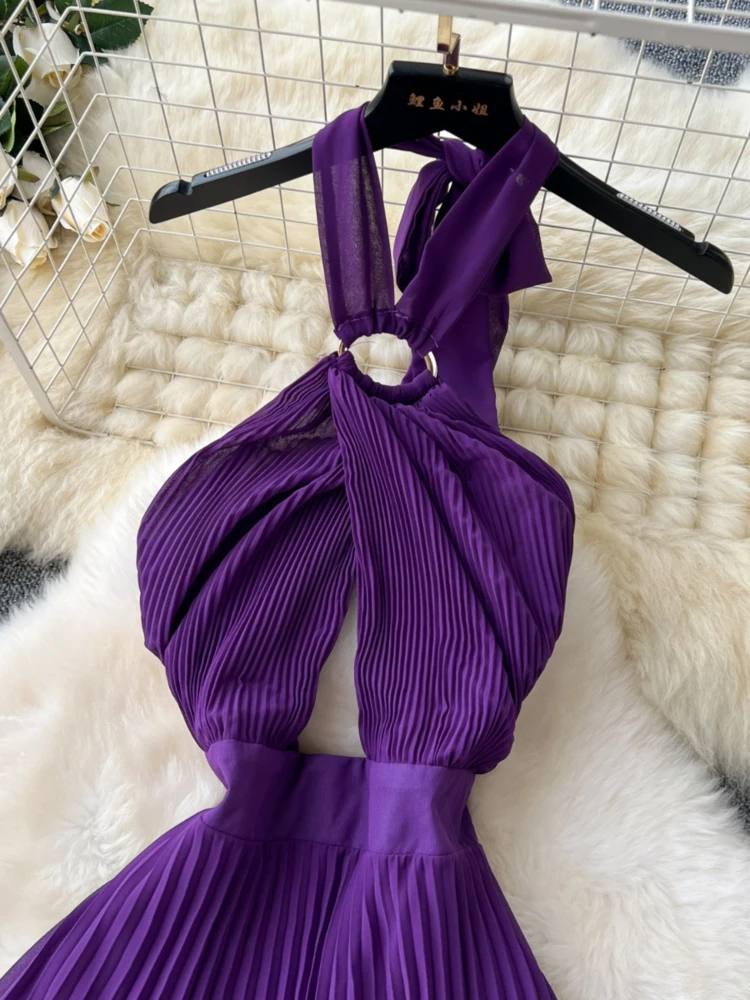 Women Purple Pleated Long Dress Summer Sexy Hanging Neck Beach Dresses Ladies Hollow Cross Backless Boho Long Robe Vestidos