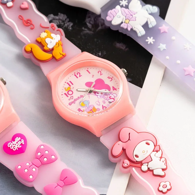 Sanrio 3D 패턴 어린이 시계 Cinnamoro 헬로 키티 방수 쿼츠 시계 Kuromi 만화 실리카 젤 시계 밴드 키즈