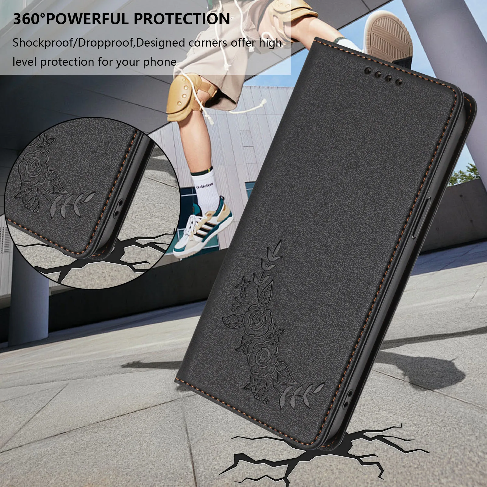 Magnetyczne etui z klapką ze skóry do Samsung Galaxy A57 A37 A27 A17 A07 A56 A36 A26 A16 A06 z przegródką na karty, funkcją podstawki i ochroną przed wstrząsami. — zdjęcie produktu 5