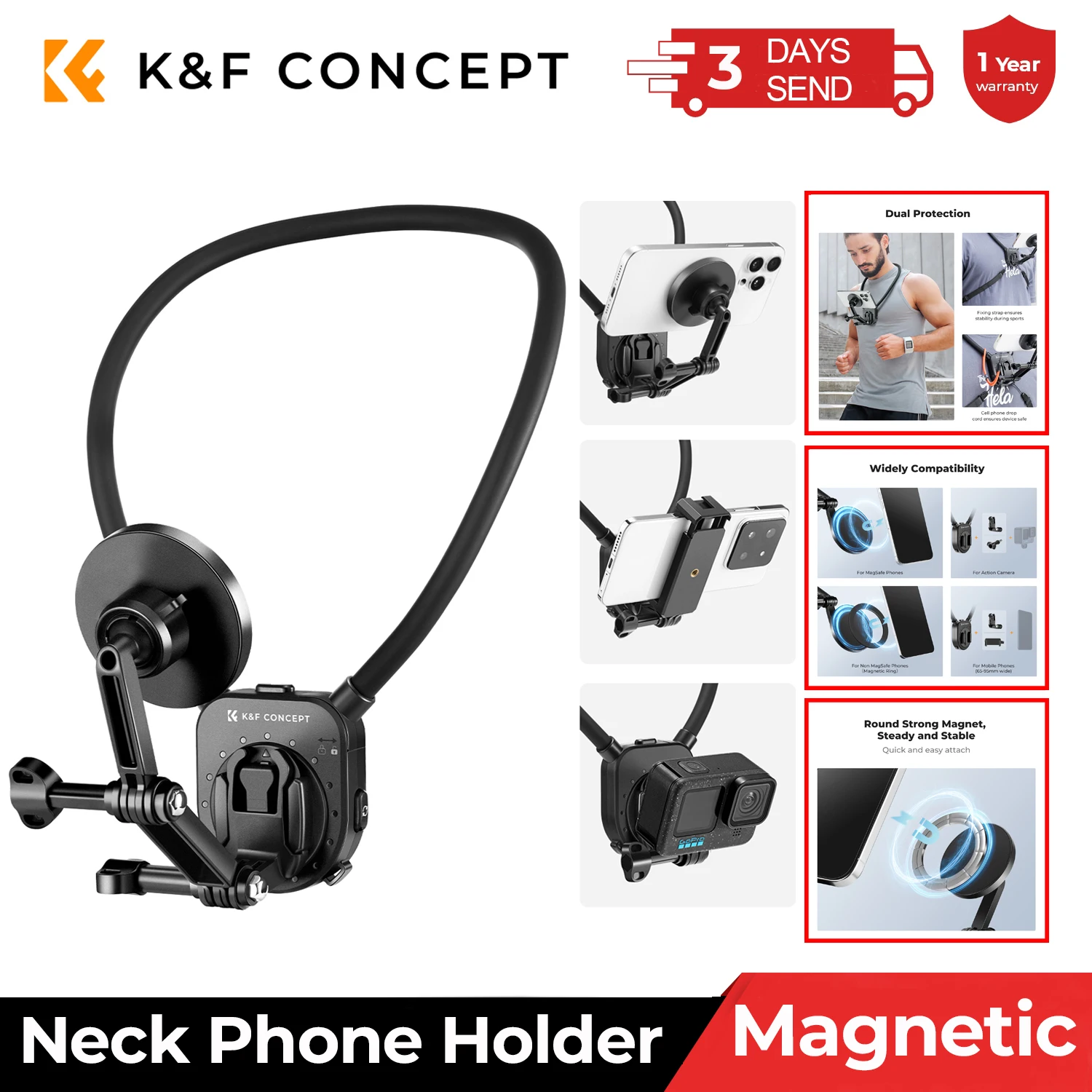 K&F Concept Magnetic Neck Phones Mount for Recording POV/Vlog Video Filming Magnetic Phone Chest Mount for GoPro DJI Neck Holder