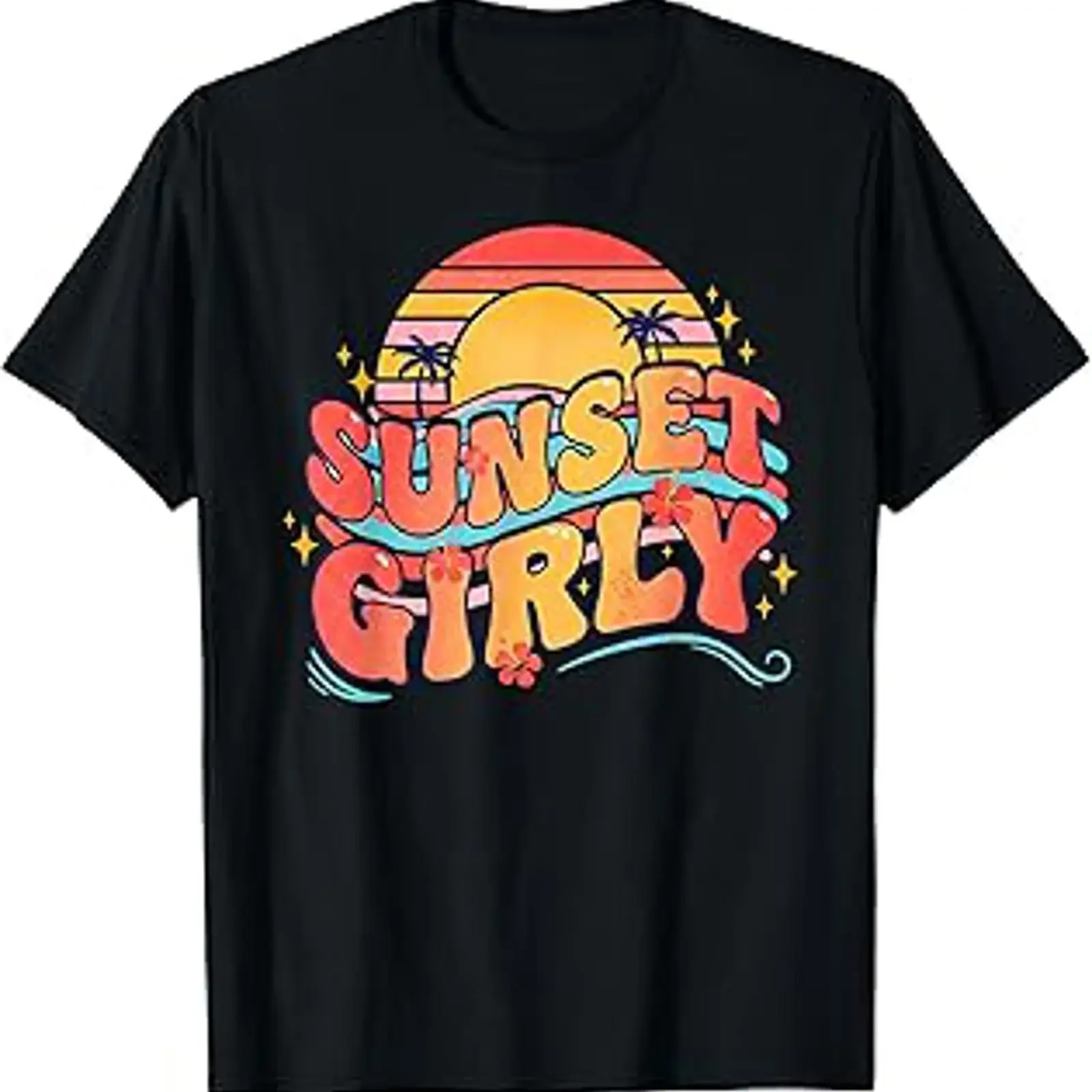 Футболка Sunset Girly Tropical Beach Groovy Summer, винтажная, с эффектом потертости, для повседневной носки, дизайнерская одежда, уличная мода, универсальная.