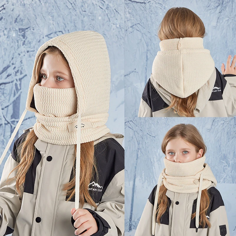 Winter Child Balaclava Hat Boy Girl Fleece-lined Bonnets Windproof Mask Knitted Beanies Cap Scarf Set Kids Hooded Warm Cap 4-10Y